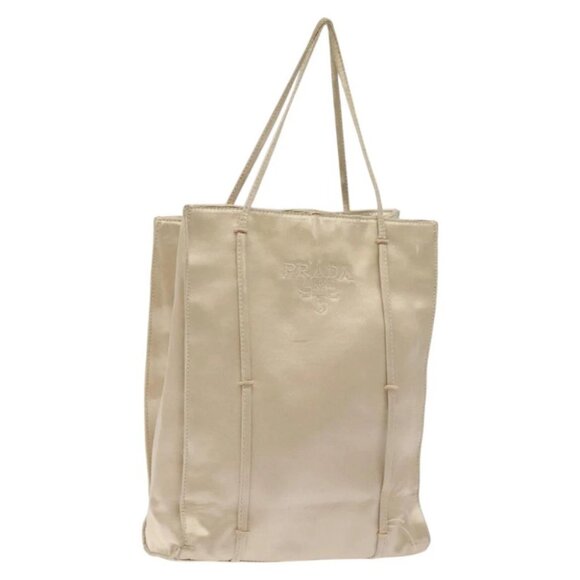 PRADA Tote Bag Satin Beige Auth bs26574 - Picture 1 of 16